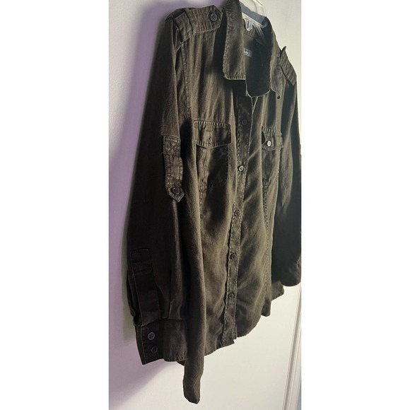 Liz Claiborne Linen Button Up Brown Sz L Top Roll Tab Sleeves - Picture 3 of 11